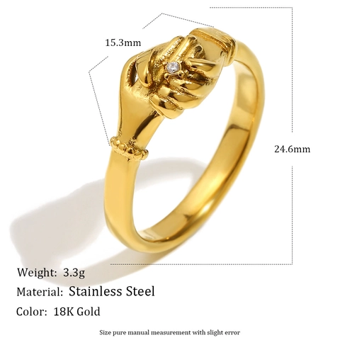 Handshake Ring Stainless Steel 18K Gold Plated Single Zircon Retro Fede Style Elegant Jewelry For Women