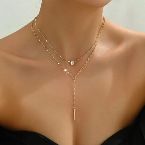 Double Layer Y-Shape Necklace Alloy Water Drop Zirconia Vertical Bar Pendant Fashion Sexy Jewelry For Women Gold Color