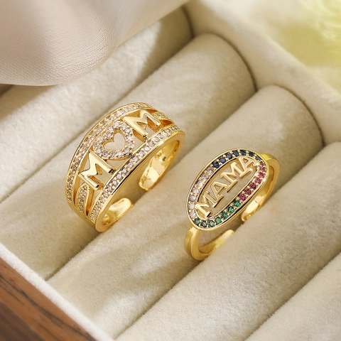 Mom Mama Heart Adjustable Ring 18K Gold Plated Copper Cubic Zirconia Fashion Jewelry Mother Day Gift For Women