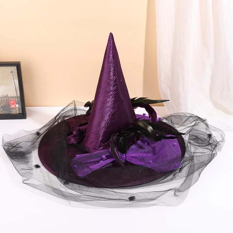 Halloween Witch Hat Satin Mesh Feather Pointed Cap Masquerade Party Costume Decoration Accessory Women