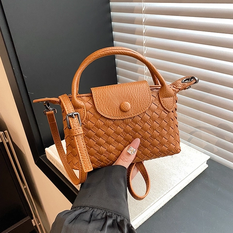 Gewebte Schultertasche PU Leder Umhängetasche Dumpling Handtasche Abnehmbarer Gurt Klappe Elegant Täglich Pendeln Damen