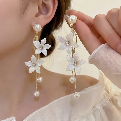 Pendientes Borla Flor Con Poste De Plata Esterlina 925 Aleación Diamante Imitación Perla Artificial Imitación Largo Elegante Mujer