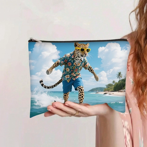 Cartoon Animal Print Canvas Makeup Bag Large Capacity Portable Zipper Cosmetic Pouch Travel Clutch Bag For Women