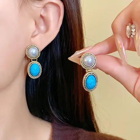 Vintage Jewelry Necklace And Earrings Alloy Resin Turquoise Artificial Pearl Silver Earring Post French Style Retro