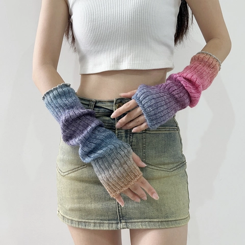 Women's Gradient Rainbow Knitted Arm Warmers Slouchy Leg Warmers Set Thick Warm Crochet Ribbed Sleeves Fingerless Gloves
