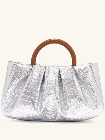 Women Pleated Cloud Evening Bag PU Leather With Resin Ring Handle Retro Trendy Handbag Magnetic Closure Elegant Party Handbag
