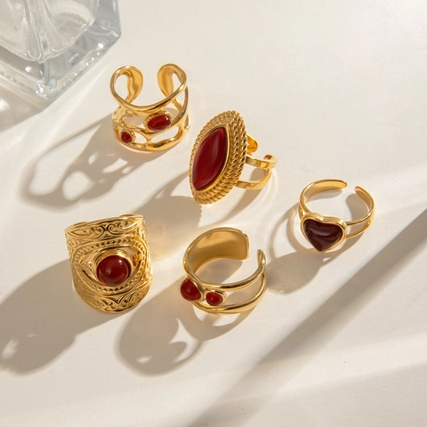 Anello Aperto in Acciaio Inossidabile con Agata Vintage per Donna Placcato Oro Agata Rossa Geometrica Gioielli Regolabili