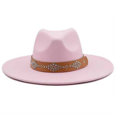 Wide Brim Fedora Hat Wool Felt Jazz Hat With Rivet Studded Leather Band Vintage Flat Brim Stylish For Men Women