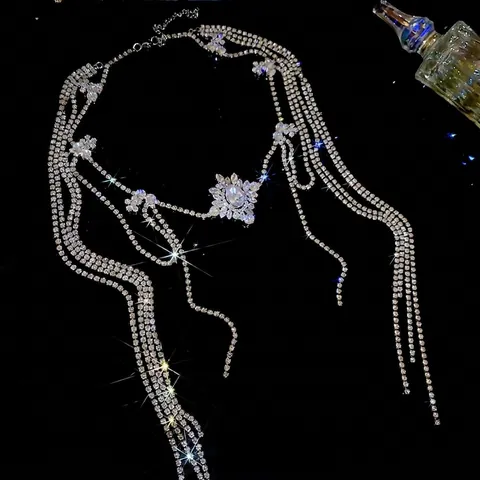 Luxus Lange Quasten Halskette Kupfer Mit Zirkon Strass Mehrlagiger Blumenanhänger Für Damen Party Bankett Hochzeit