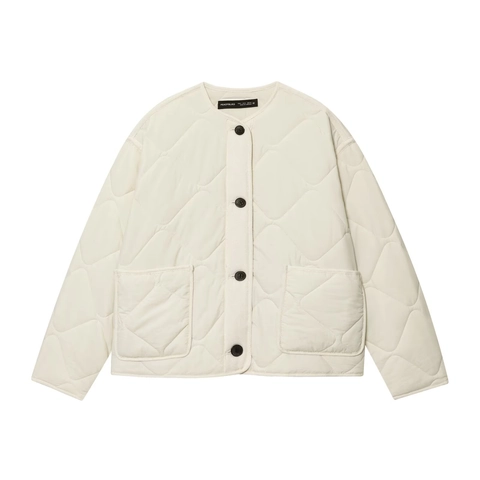 Quilted Jacket Liner Women Round Neck Button Down Casual Lightweight Coat With Pockets Solid Color Polyester Cotton