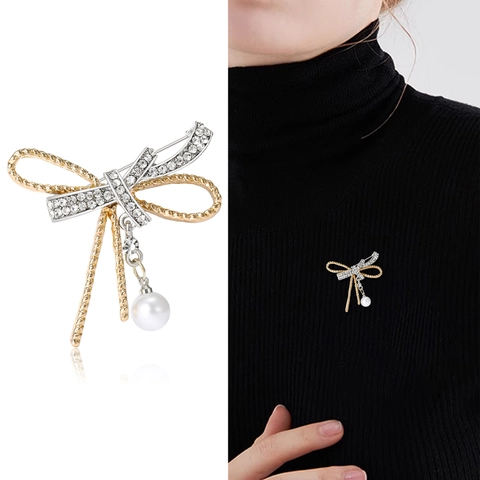 Elegante Spilla A Fiocco Per Donna In Lega Con Strass E Pendente Di Perla Artificial Accessorio Gioielli Di Moda