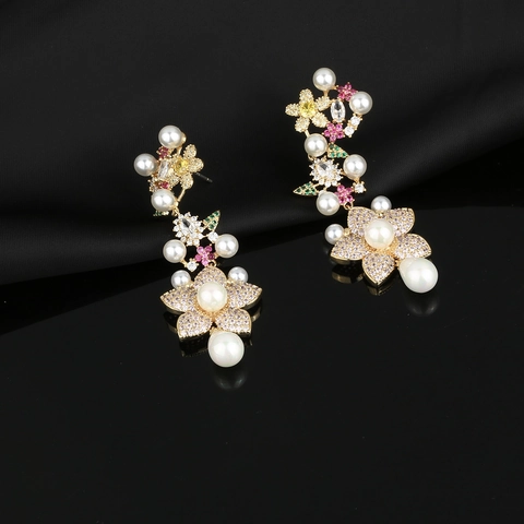 Pendientes Largos De Flores Con Circonitas Multicolor Perlas Artificiales Y Poste De Plata De Ley 925 Borla Larga Elegante Fiesta
