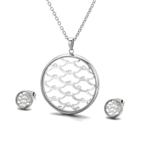 Collier Et Boucles Oreilles Mode Femmes 316L Acier Inoxydable Strass Pendentif Rond Évidé Bijou Élégant Accessoire Quotidien