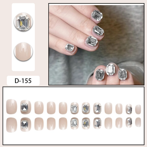 Faux Ongles Courts Carrés Rose Nude Brillant Avec Grands Strass Rectangulaires Pointes D'Ongles Artificiels Pour Femmes Élégant