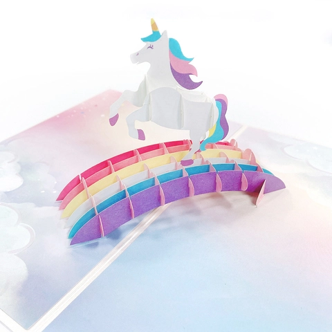 Biglietto Auguri 3D Pop Up Unicorno Ponte Arcobaleno Razzo Astronauta Delfino Carta Speciale Taglio Laser Regalo Compleanno