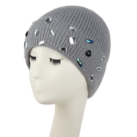 Damen Beanie Mütze Winter Warm Dick Gerippte Acryl Strickmütze Mit Strass Juwel Dekoration Weiches Kunstfellfutter