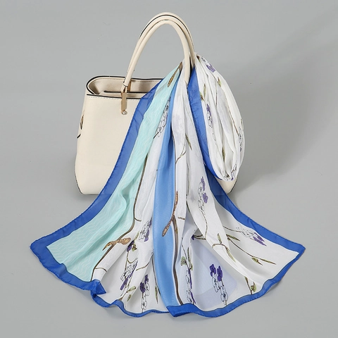 Women Chiffon Scarf Long Satin Feeling Sun Protection Thin Breathable Floral Butterfly Printed Shawl Wrap Fashion Accessory