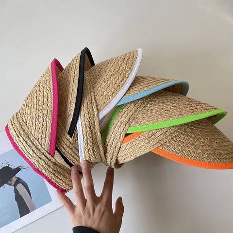 Damen Raffia Stroh Sonnenblende Hut Farbige Kante Offen Stirnband Sommer Strand Atmungsaktiv Sonnenschutz