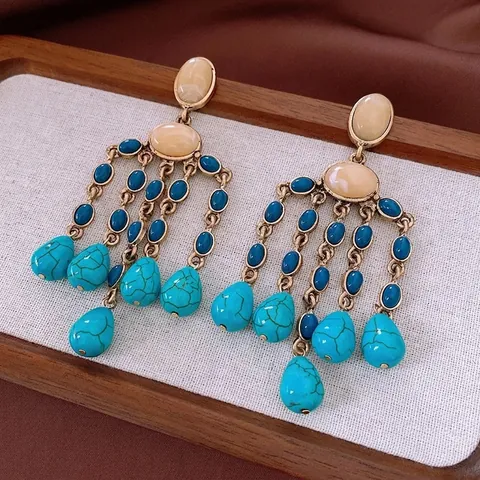 Boucles Oreilles Lustre Avec Tige En Argent Alliage Turquoise Synthétique Perles Résine Style Bohème Vintage Femmes