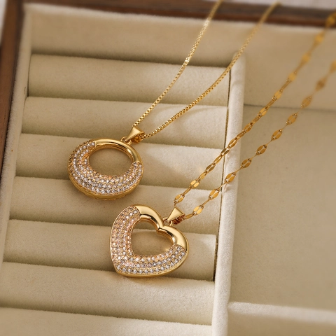 Herz Rund Anhänger Halskette 18K Vergoldetes Kupfer Mit Zirkon Inlay Mode Eleganter Schmuck Für Frauen Schlüsselbeinkette