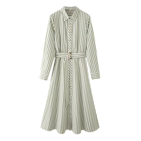 Vestido Camisero a Rayas Verdes Y Blancas Para Mujer Manga Larga Solapa Vestido Midi Línea A Con Cinturón Elegante Moda Diaria