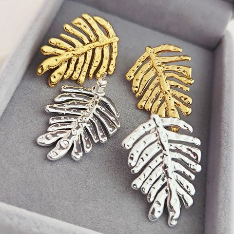 Hammered Leaf Stud Earrings Brass Gold Silver Plated Textured Niche Design For Women