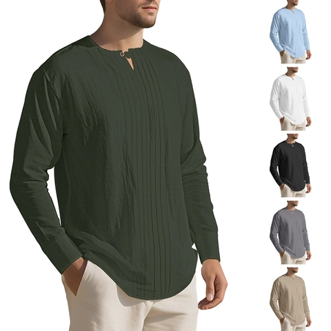 Chemise Henley Homme Mélange De Lin Manches Longues Col Rond Plis Décontracté Plage Couleur Unie Vintage Haut Respirant