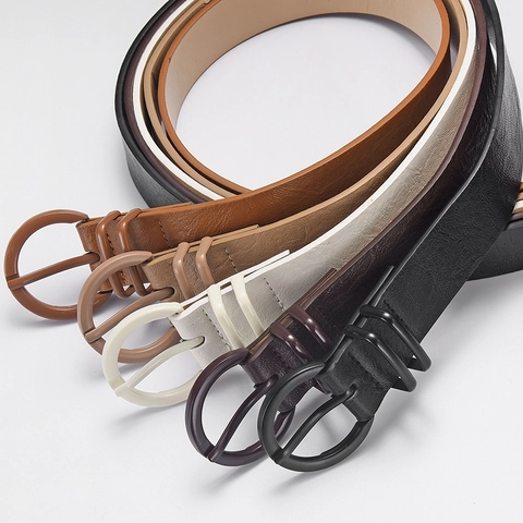 Cinturón de Mujer Simple Moda Cuero PU Con Hebilla Redonda de Pasador Versátil Cinturón Casual para Vaqueros Vestido Ajustable
