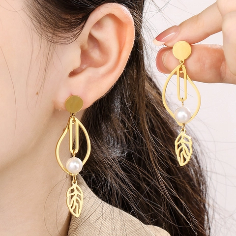 Orecchini Pendenti Foglia Cava Acciaio Inossidabile Con Künstliche Perle Conchiglia Eleganti Lunghi Per Donna