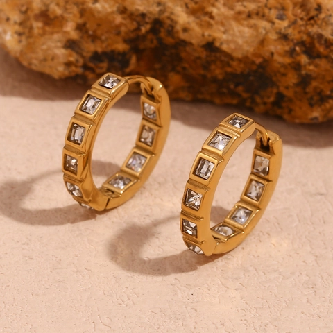 Stainless Steel Hoop Earrings With Square Zirconia 18K Gold Plated Minimalist Fashion Jewelry For Women