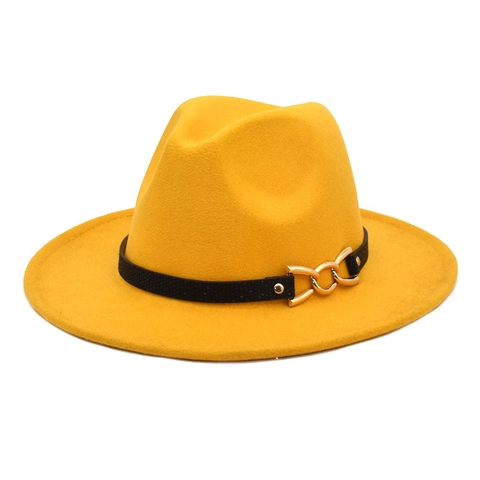Fedora Hat Wide Brim Woolen Felt Jazz Cap With Decorative Belt Interlocking Golden Metal Buckle Elegant Unisex Fashion