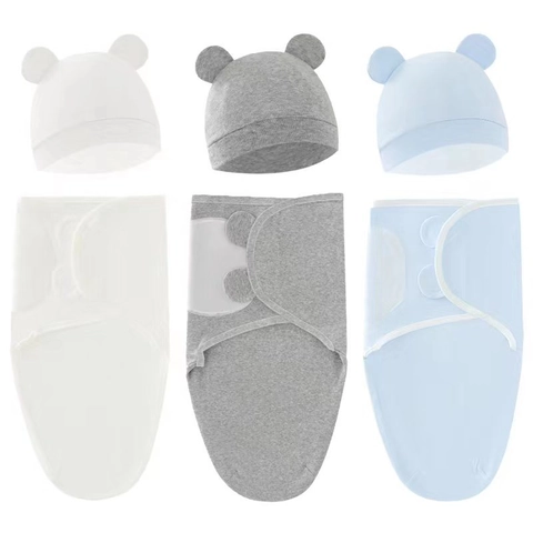 Newborn Baby Swaddle Blanket And Hat Soft Cotton Anti-Startle Cocoon Sleep Wrap For Boys Girls Cartoon Pattern
