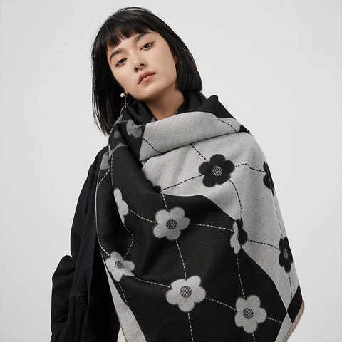 Écharpe Femme Chaude en Polyester Imitation Cachemire Bloc de Couleur Motif Fleur Losange Long Châle à Glands Vintage Automne Hiver