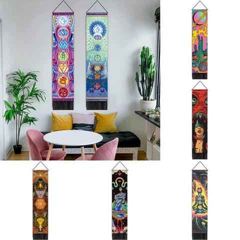 Vertical Wall Hanging Tapestry With Wood Pole And Tassels Polyester Cotton Chakra Zen Mandala Abstract Art Scroll