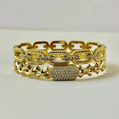 Fashion Stainless Steel Bangle For Women Hollow Chain Style 14K Gold Plated Full Rhinestone Geometric Inlaid Bracelet Jewelry