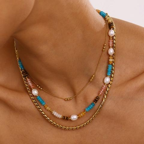 Collar De Capas Acero Inoxidable Chapado En Oro Con Piedras Naturales Y Perlas De Agua Dulce Resistente Al Agua Joyería Bohemia