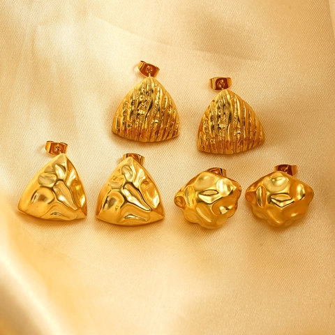 Triangle Geometric Stud Earrings 304 Stainless Steel 18K Gold Plated Hammered Texture Vintage Minimalist Jewelry For Women