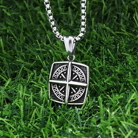 Vintage Compass Pendant Necklace Stainless Steel Square Polished Medallion Retro Punk Jewelry For Men