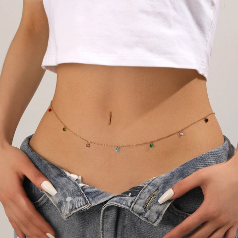 Roestvrijstalen Tailleketting Enkelbandje Armband Met Kleurrijke Zirkoon Hangers Vergulde Trendy Sieraden Voor Dames