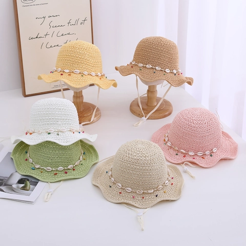 Cappello Di Paglia Estivo Bambini Tesa Larga Bordo Ondulato Conchiglia Perla Spiaggia Con Corda Antivento Traspirante