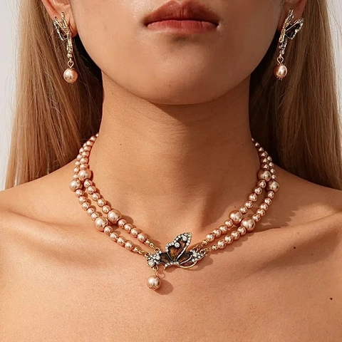 Butterfly Pendant Double Layer Artificial Pearl Necklace And Enamel Rhinestone Earrings With Silver Earring Post Elegant Vintage