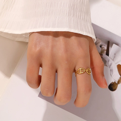 Anillo De Hocico De Cerdo De Acero Inoxidable Bañado En Oro De 18K Eslabón De Cadena De Ancla Banda Abierta Ajustable Para Mujer
