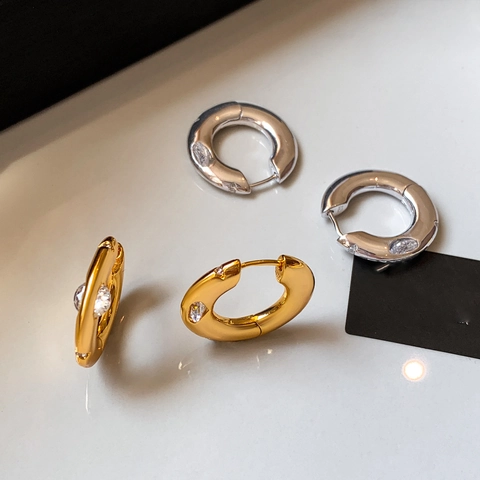 Chunky Hoop Ohrringe Mit Marquise Zirkonia Kupfer Echtgold Vergoldet Geometrischer Polierter Kreis Schmuck Für Damen