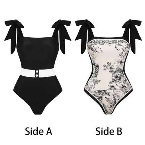 Costume Da Bagno Intero Donna Spalline Con Fiocco Vintage Stampa Floreale Double Face Scollo Quadrato Monokini