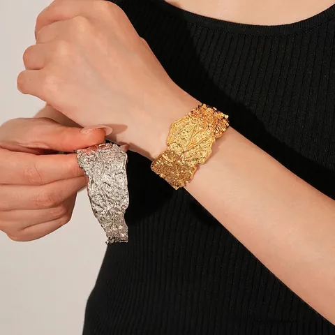 Irregular Lava Texture Alloy Wide Open Bangle Statement Adjustable Cuff Bracelet For Women European Modern Art Style