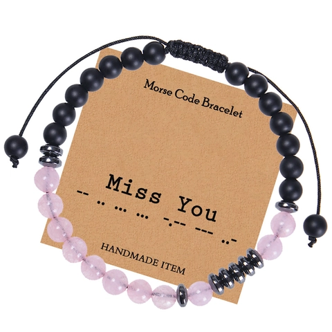 Handgemaakte Morsecode Armband Miss You Roze Kristal Rozenkwarts Matzwarte Kralen Verstelbaar Gevlochten Touw Uniseks Sieraden