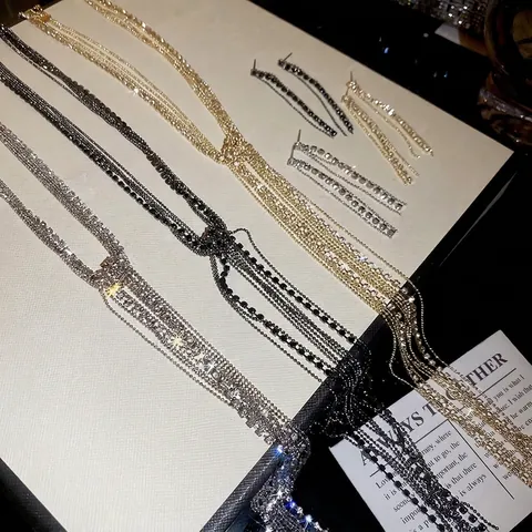 Collar Y Pendientes Multicapa Con Borlas De Diamantes De Imitación Brillantes Con Poste De Plata De Ley 925 Joyas Elegantes