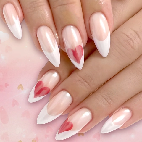 Unghie Finte French Tip Mandorla Lucide Motivo Cuore Rosso Rosa Nude Plastica Unghie Artificiali Per Donna Stile Dolce Romantico