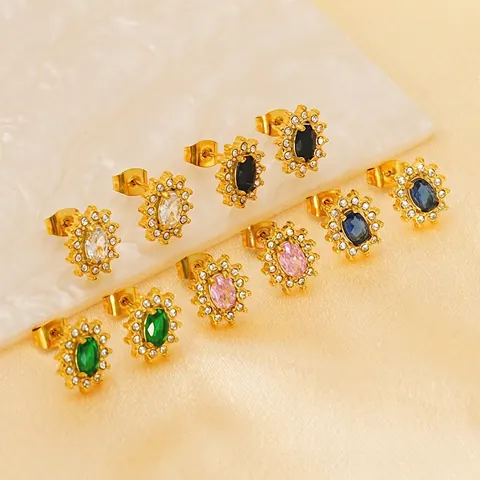 Sunflower Stud Earrings 18K Gold Plated Stainless Steel Oval Zircon Rhinestone Vintage Light Luxury Fashion For Women