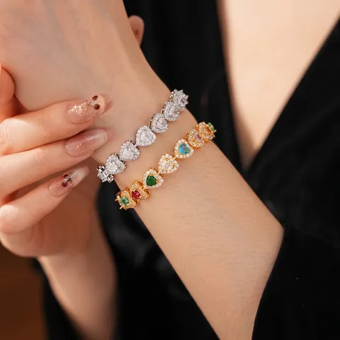 Heart Shape Zircon Bracelet Copper Luxury Colorful Rhinestone Elegant Jewelry For Women
